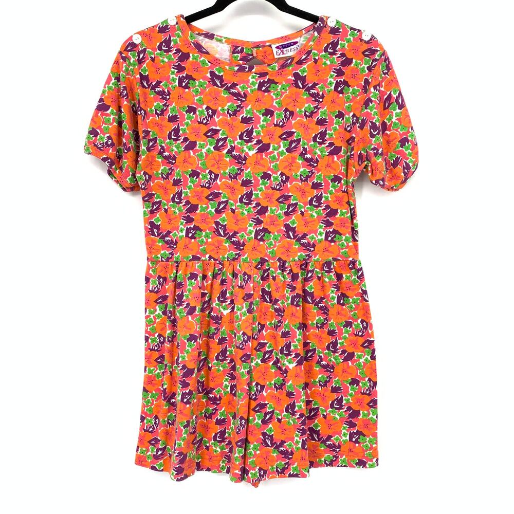 Vintage 90s Romper Womens Medium Multicolor Floral Print Short Sleeve Bow Detail